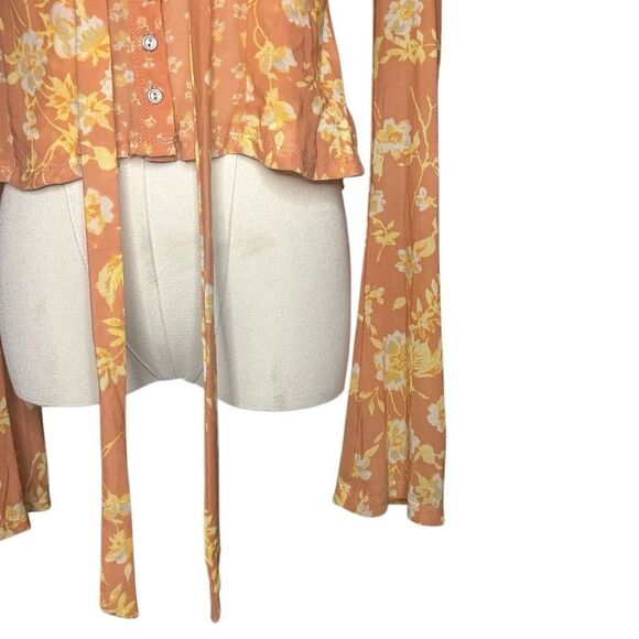 Free People Orange Long Sleeve Sheer Button Up Top Size XS Floral V-neck - Picture 3 of 12